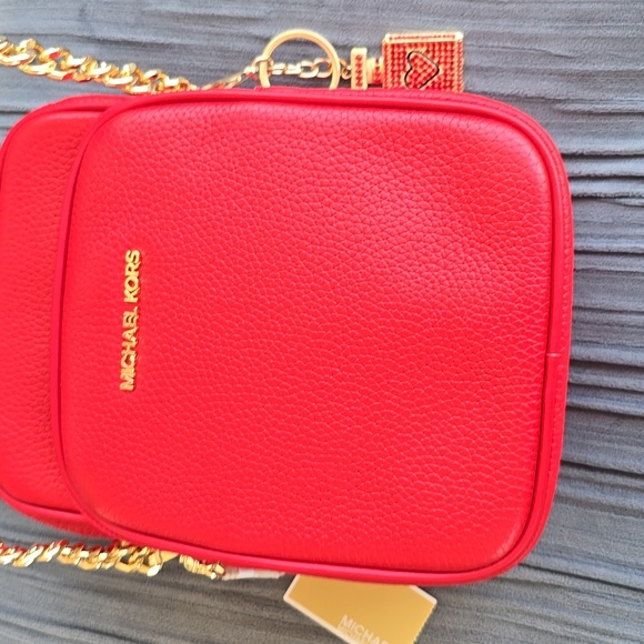 Michael Kors Red Pebbled Leather Crossbody with Gold Chain - Picture 3 of 10